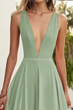 Dusty Sage Ruffled V Neck A Line Wedding Guest Dress