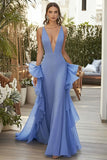 Blue A Line Chiffon Ruffled Wedding Guest Dress