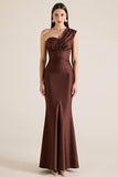 One Shoulder Dark Brown Mermaid Satin Wedding Guest Dress