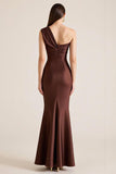 One Shoulder Dark Brown Mermaid Satin Wedding Guest Dress