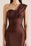 One Shoulder Dark Brown Mermaid Satin Wedding Guest Dress