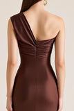 One Shoulder Dark Brown Mermaid Satin Wedding Guest Dress