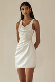 Satin White Bodycon Cowl Neck Graduation Dress