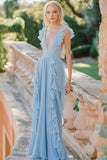 Sky Blue V-Neck Chiffon Long Bridesmaid Dress with Ruffles