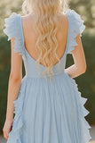 Sky Blue V-Neck Chiffon Long Bridesmaid Dress with Ruffles