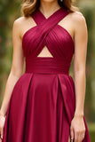 Burgundy Halter Cut Out A Line Satin Prom Dress