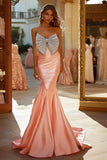Strapless Pink Mermaid Sequins Satin Prom Dress with Big Bow