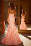 Strapless Pink Mermaid Sequins Satin Prom Dress with Big Bow