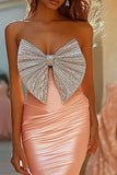 Strapless Pink Mermaid Sequins Satin Prom Dress with Big Bow