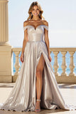 Off The Shoulder Silver A Line Pleated Satin Prom Dress