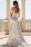 Off The Shoulder Silver A Line Pleated Satin Prom Dress