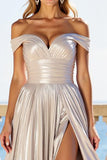Off The Shoulder Silver A Line Pleated Satin Prom Dress