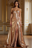 Glitter Champagne Pleated Strapless Prom Dress