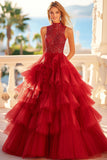 A Line Red Tulle Sequins Tiered Prom Dress