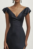 Black V-Neck Mermaid Satin Ruffles Prom Dress