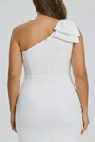 One Shoulder Bow White Bodycon Plus Size Graduation Dress