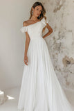 Off the Shoulder A Line Ruched Boho White Dress