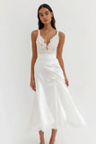 White Lace Satin Spaghetti Straps A Line Formal Dress