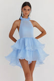 Sky Blue Halter A Line Ruffled Chiffon Graduation Dress