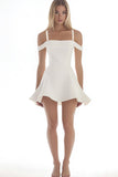 Off The Shoulder White A Line Ruffles Satin Mini Graduation Dress