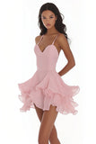 Pink A Line Spaghetti Straps Organza Ruffles Short Graduation Dress