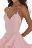 Pink A Line Spaghetti Straps Organza Ruffles Short Graduation Dress