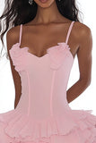 Pink A Line Spaghetti Straps Ruffles Chiffon Short Graduation Dress