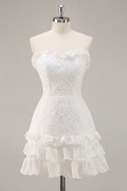 White Strapless A Line Lace Short Graduation Dress