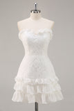 White Strapless A Line Lace Short Graduation Dress