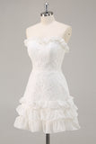 White Strapless A Line Lace Short Graduation Dress