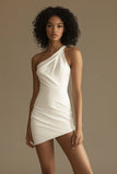 White One Shoulder Satin Short Bodycon Graduation Dress
