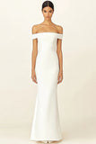 White Off the Shoulder Satin Long Sheath Engagement Dress