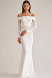 White Long Sleeve Chiffon Off the Shoulder Wedding Dress