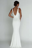 Simple White Mermaid V Neck Satin Wedding Dress
