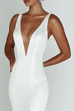 Simple White Mermaid V Neck Satin Wedding Dress