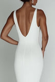 Simple White Mermaid V Neck Satin Wedding Dress