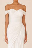 White Sheath Off the Shoulder Ruched Long Bridal Dress