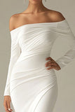 White Mermaid Off the Shoulder Long Sleeves Ruched Satin Long Bridal Dress