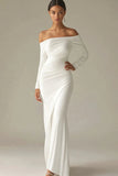 White Mermaid Off the Shoulder Long Sleeves Ruched Satin Long Bridal Dress