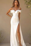 White Mermaid Spaghetti Straps Ruffles Satin Long Bridal Dress with Slit