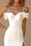 White Mermaid Spaghetti Straps Ruffles Satin Long Bridal Dress with Slit