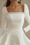 White A Line Satin Graduation Dress with Long Sleeves