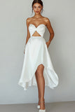 Strapless Cut Out White A Line Satin Graduation Dress