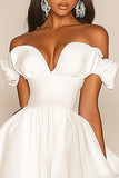 White A Line Off the Shoulder Mini Graduation Dress