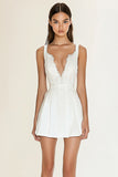 Sheath V Neck Satin Little White Graduation Dress with Lace