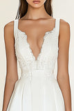 Sheath V Neck Satin Little White Graduation Dress with Lace