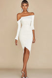 White Off The Shoulder Bodycon Graduation Dress with Long Sleeves