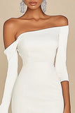 White Off The Shoulder Bodycon Graduation Dress with Long Sleeves