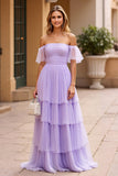 Lilac Off the Shoulder Pleated Tiered A Line Prom Dress