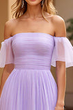 Lilac Off the Shoulder Pleated Tiered A Line Prom Dress
